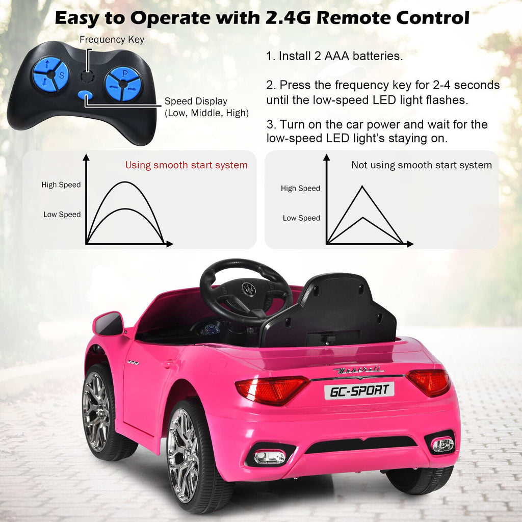 Licensed Pink Maserati GranCabrio Ride-On Car for Kids with Remote Control and Lights - 12V