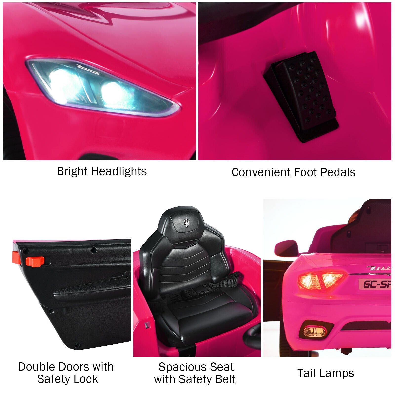 Licensed Pink Maserati GranCabrio Ride-On Car for Kids with Remote Control and Lights - 12V