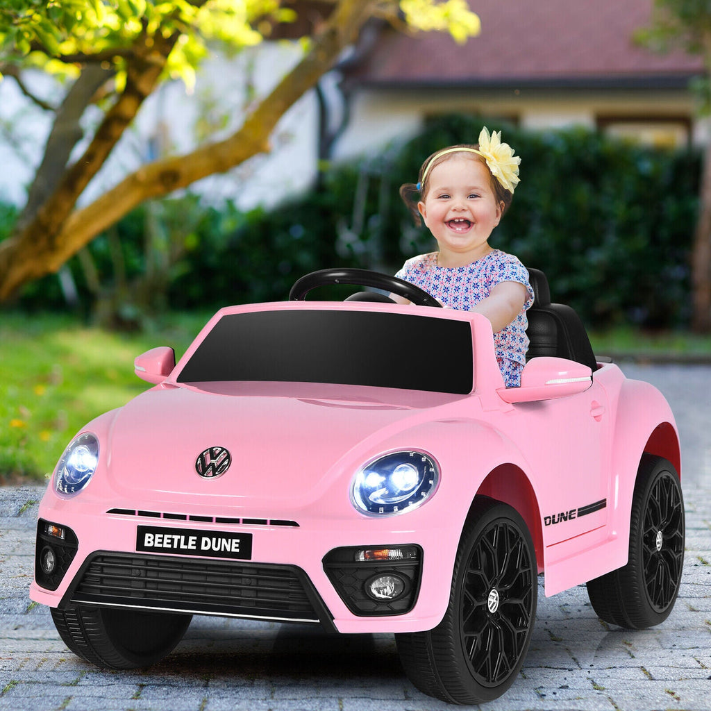 Licensed Pink Volkswagen Beetle Ride-On Car for Kids with Music and Remote Control - 12V