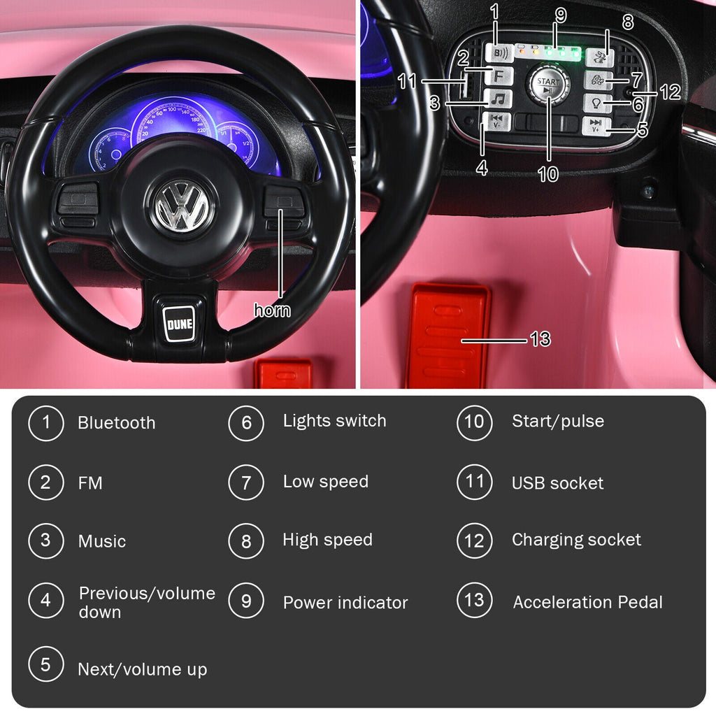 Licensed Pink Volkswagen Beetle Ride-On Car for Kids with Music and Remote Control - 12V