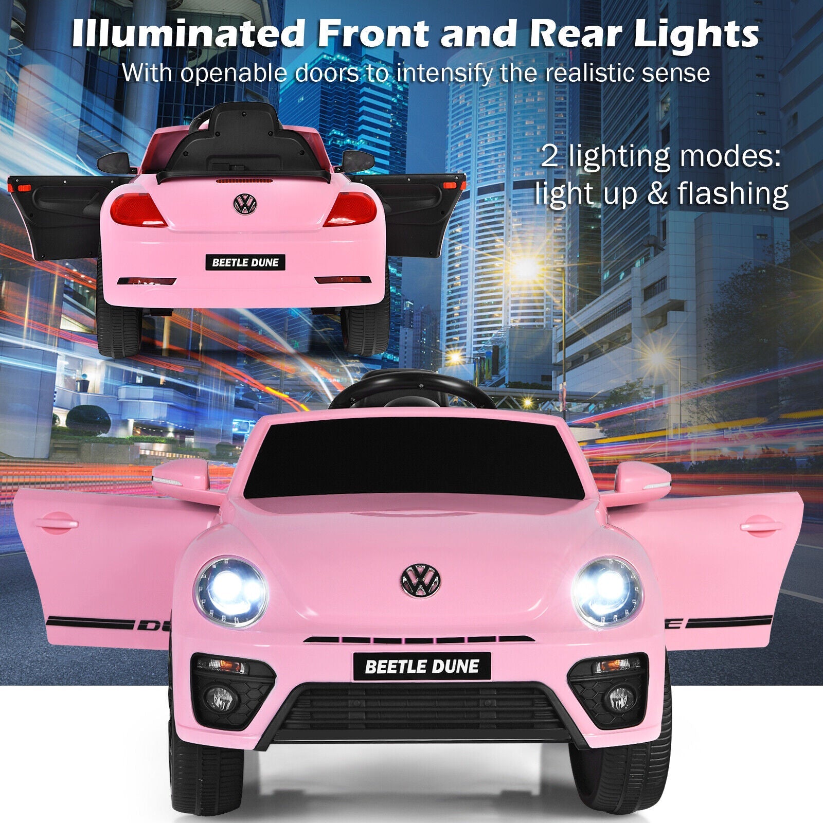 Licensed Pink Volkswagen Beetle Ride-On Car for Kids with Remote Control and Music - 12V