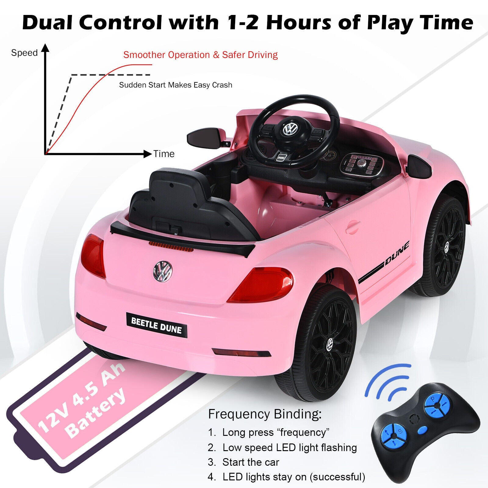 Licensed Pink Volkswagen Beetle Ride-On Car for Kids with Remote Control and Music - 12V