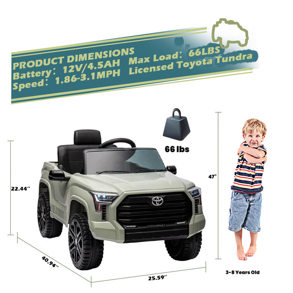 Licensed Toyota Tundra Olive 12V Kids Ride On Pickup Truck with 3 Speeds and Dual Motors