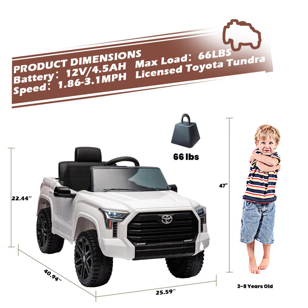 Licensed Toyota Tundra White 12V Kids Ride On Car with 3 Speeds and Dual Motors