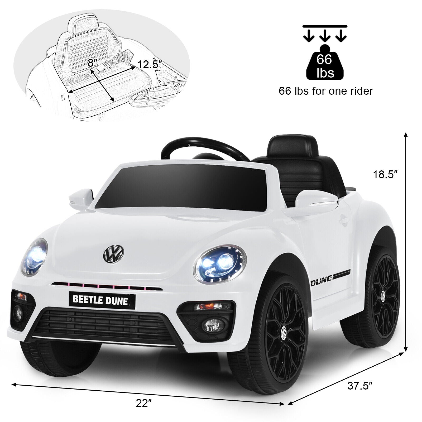 Licensed Volkswagen Beetle 12V Ride On Car for Kids with Music & Remote Control - White