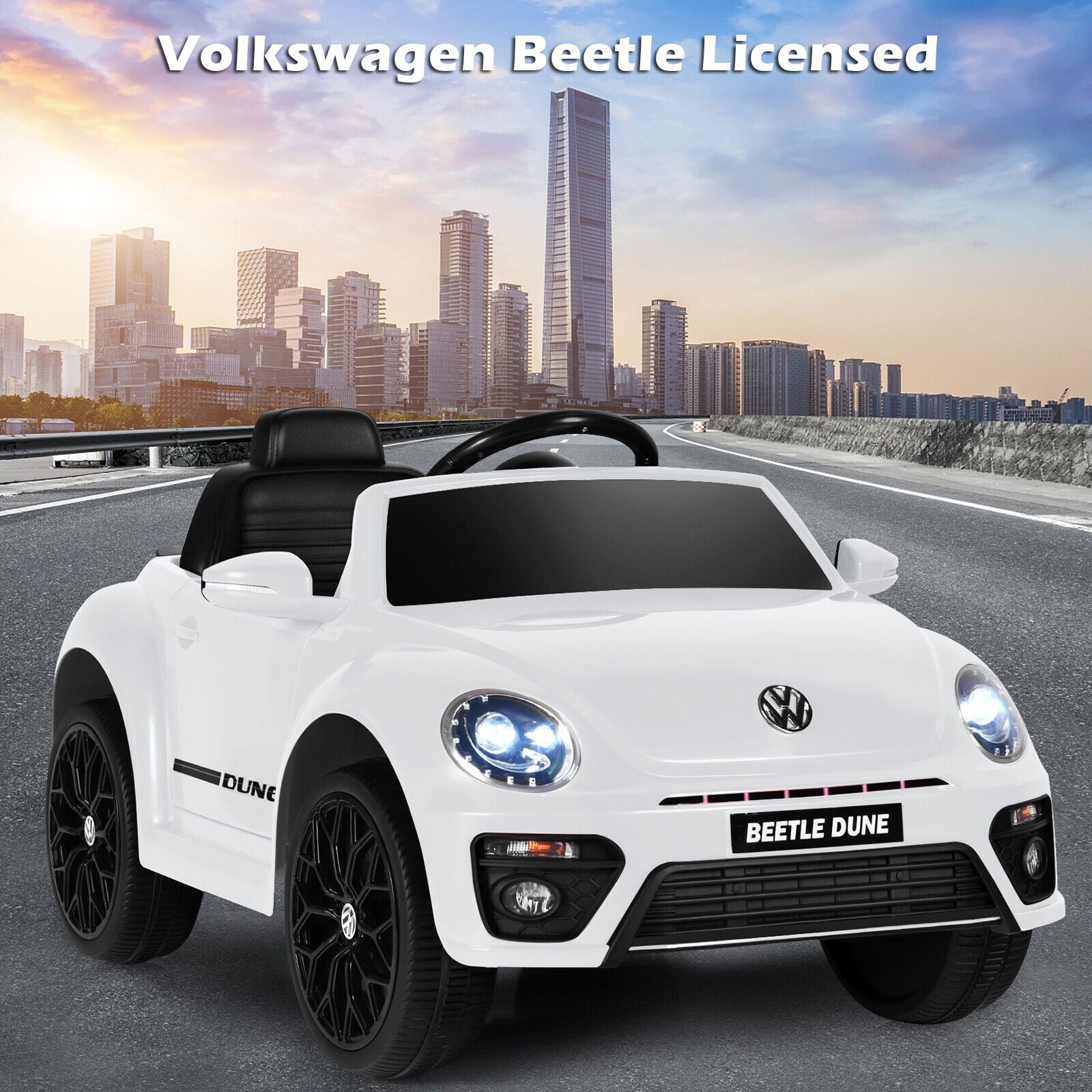 Licensed Volkswagen Beetle 12V Ride On Car for Kids with Music & Remote Control - White