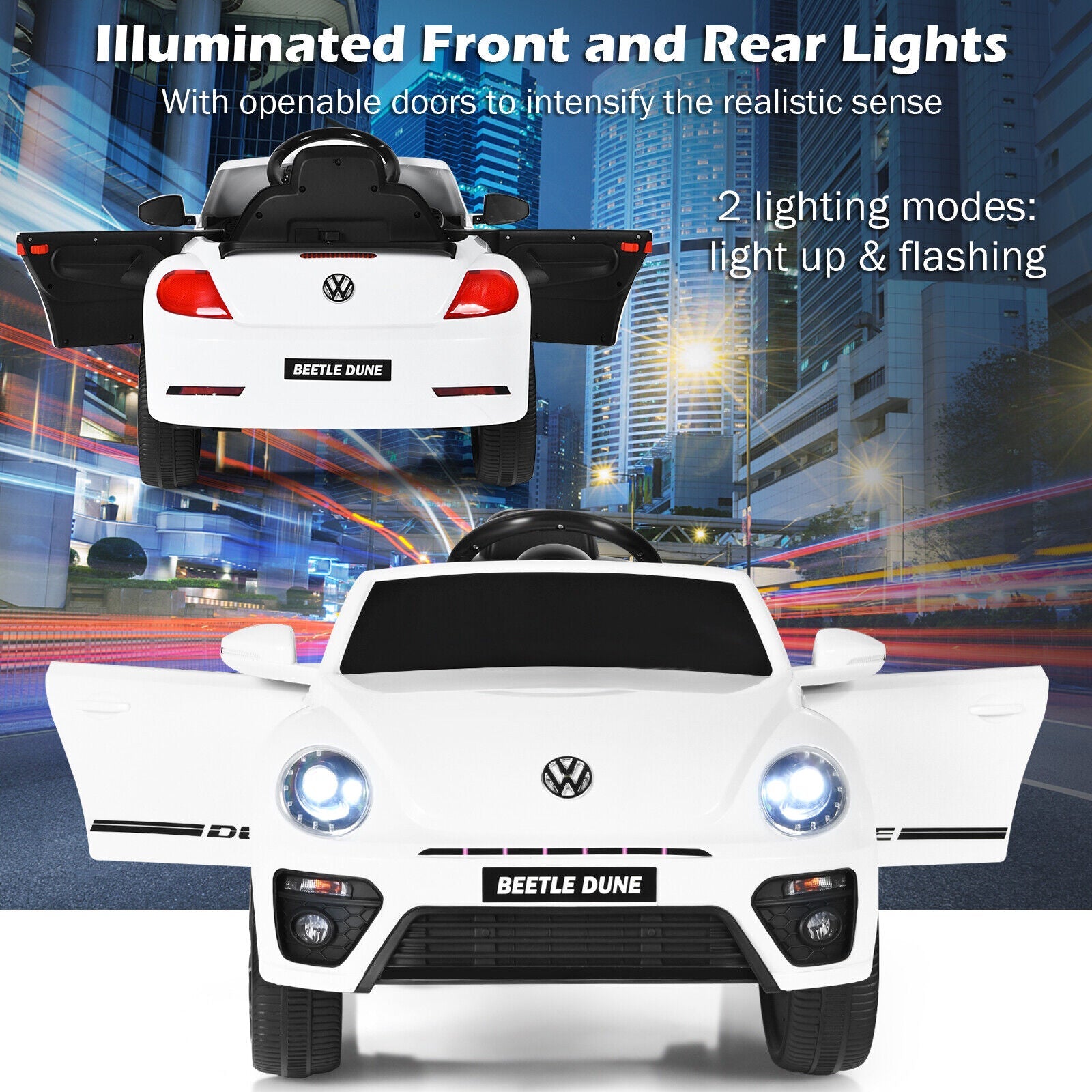 Licensed Volkswagen Beetle 12V Ride On Car for Kids with Remote Control and Music - White