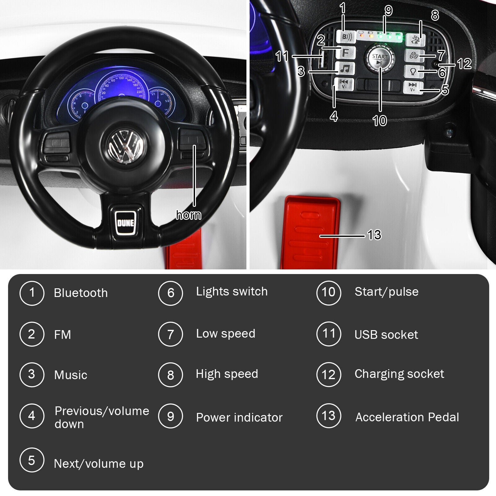 Licensed Volkswagen Beetle 12V Ride On Car for Kids with Remote Control and Music - White