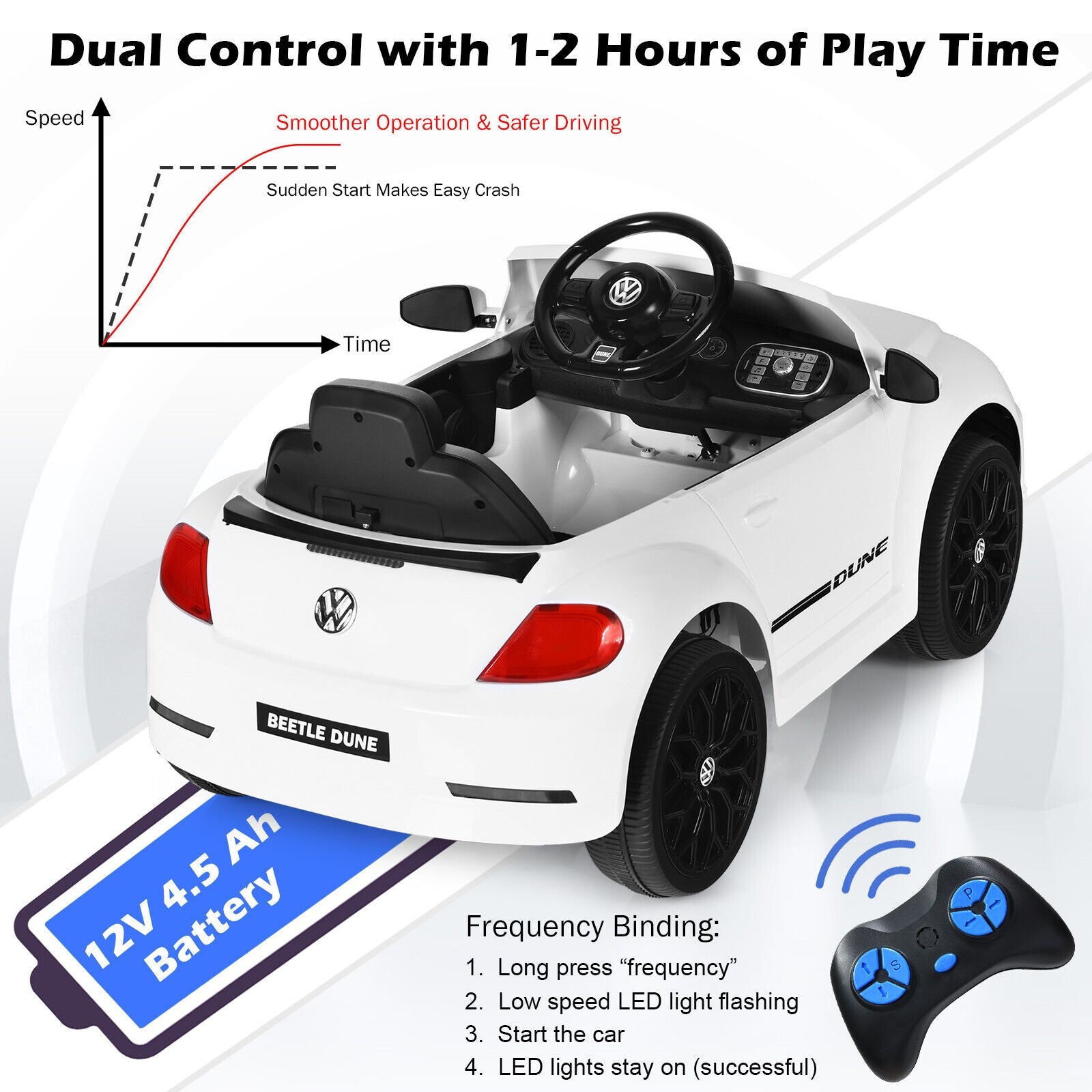 Licensed Volkswagen Beetle 12V Ride On Car for Kids with Remote Control and Music - White