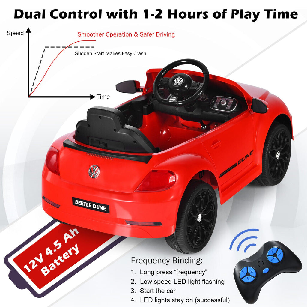 Licensed Volkswagen Beetle 12V Ride-On Car with Music & Remote Control - Red