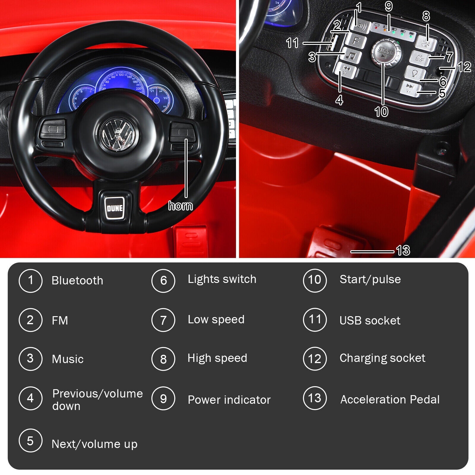 Licensed Volkswagen Beetle 12V Ride-On Car with Remote Control and Music - Red