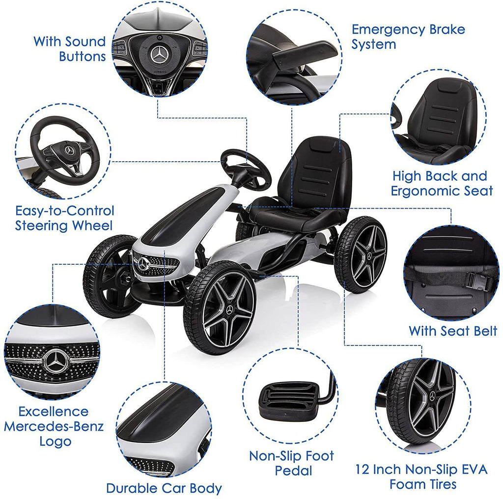 LUCKYERMORE Kids Pedal Go Kart Benz Racer Quad with Adjustable Seat for Outdoor Fun