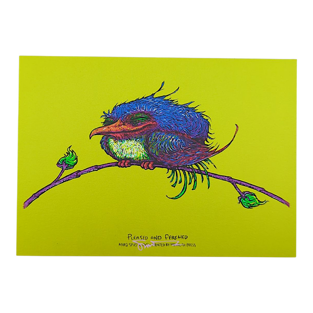 Marq Spusta "Pleased and Perched" (Sticky Yellow/Green) Mini Print