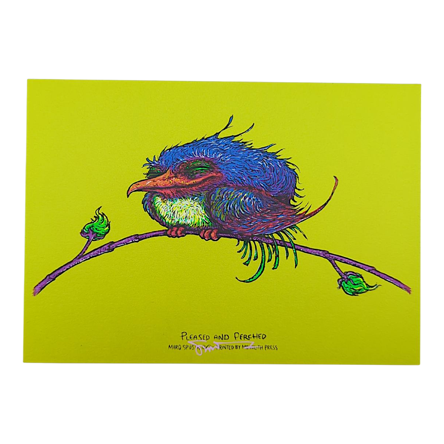 Marq Spusta "Pleased and Perched" (Sticky Yellow/Green) Mini Print