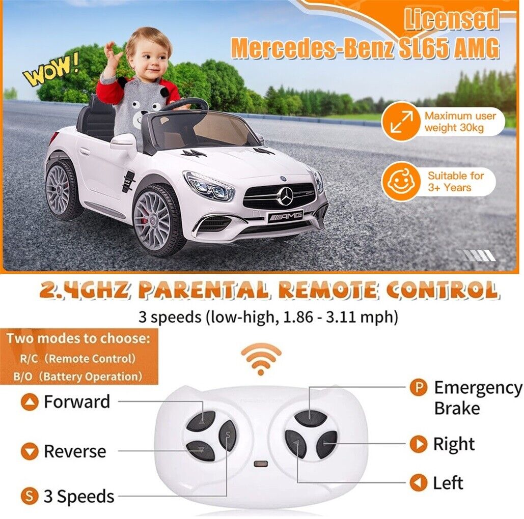 Mercedes-Benz AMG SL65 Licensed 12V Electric Ride-On Car with RC, MP3, and LED Lights for Kids
