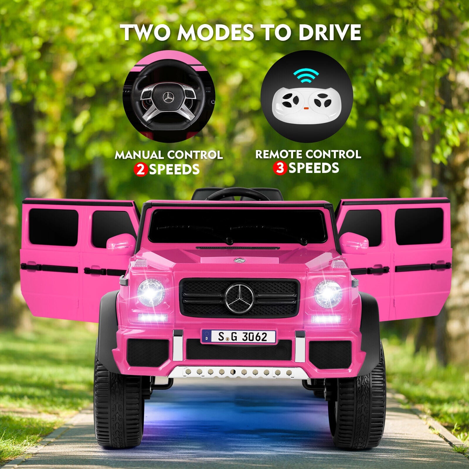 Mercedes-Benz Electric Ride-On Car for Kids with 3 Speeds, LED Lights, and RC Control - Pink