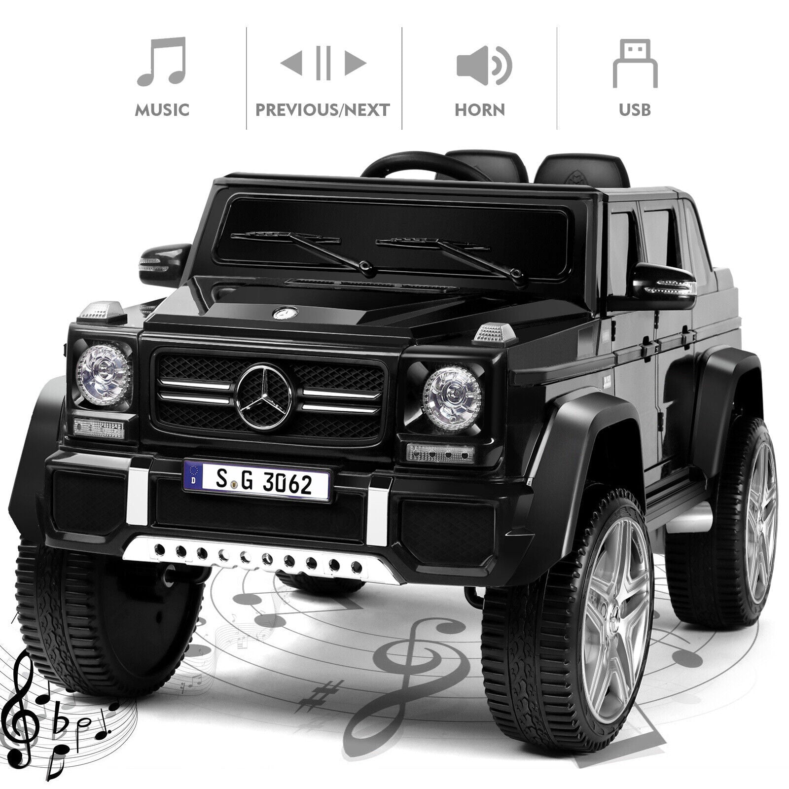 Mercedes-Benz Kids Ride-On Car with 3 Speeds, LED Lights, Music, and Remote Control - 12V Battery Powered