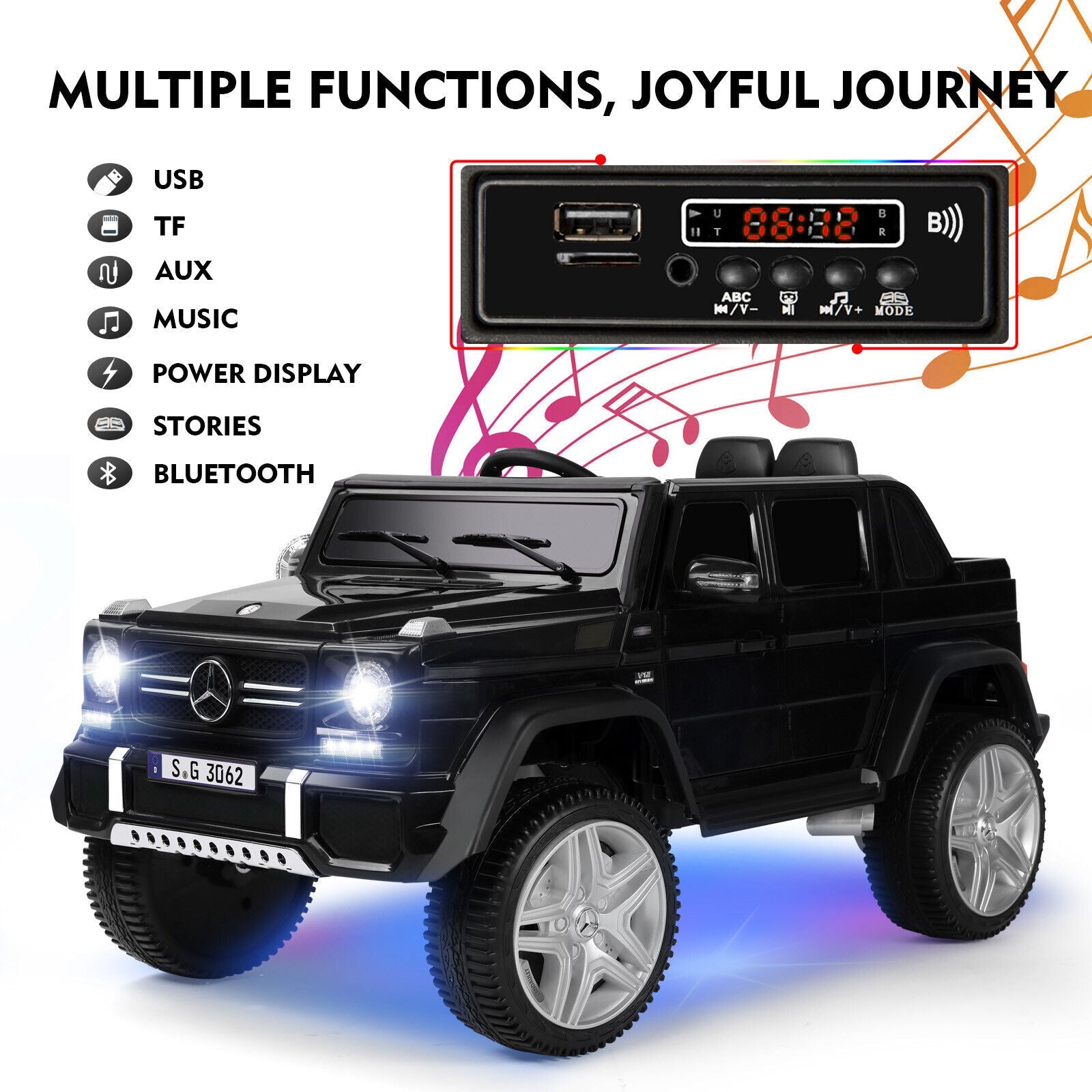 Mercedes-Benz Kids Ride-On Car with 3 Speeds, LED Lights, Music, and Remote Control - 12V Battery Powered