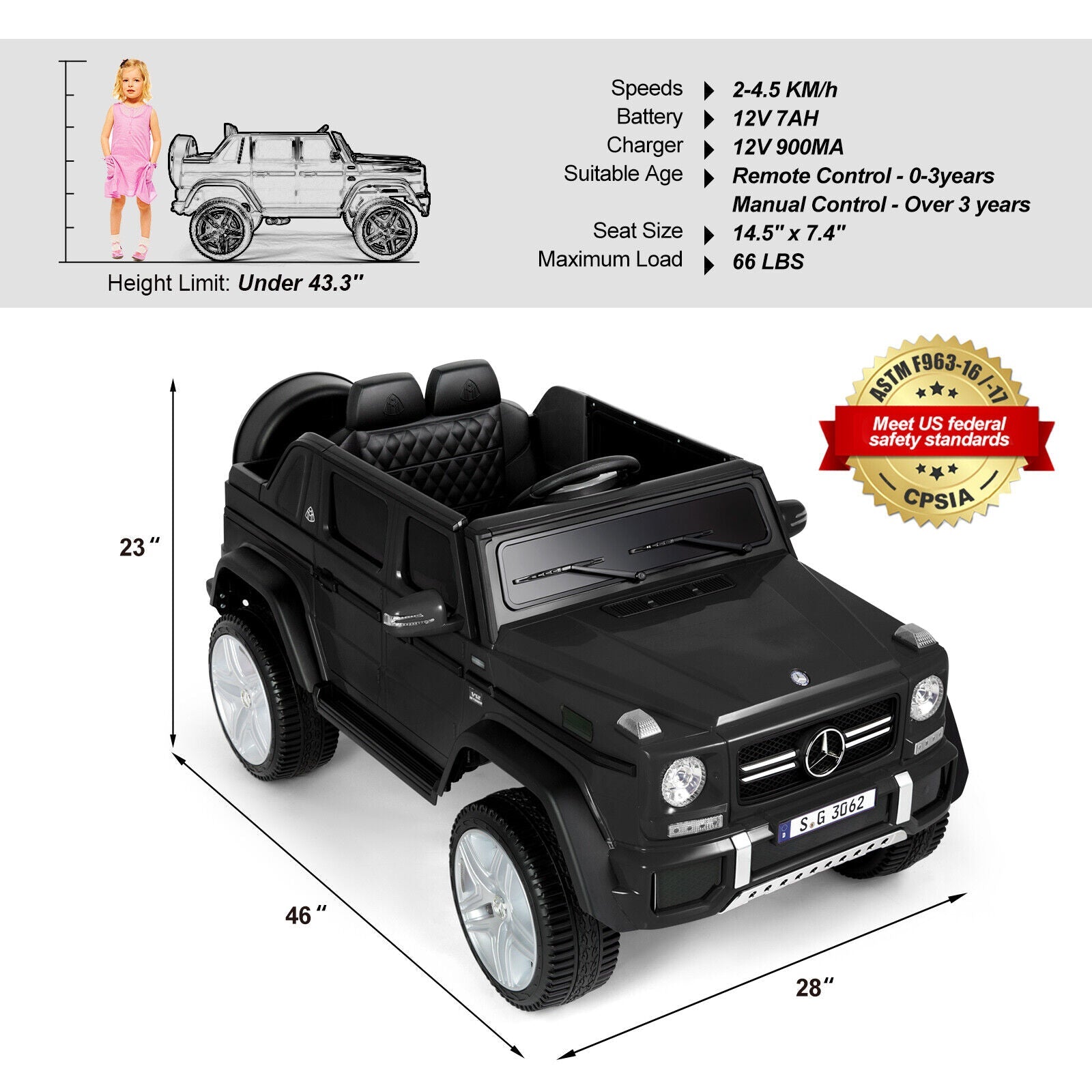Mercedes-Benz Kids Ride-On Car with 3 Speeds, LED Lights, Music, and Remote Control - 12V Battery Powered