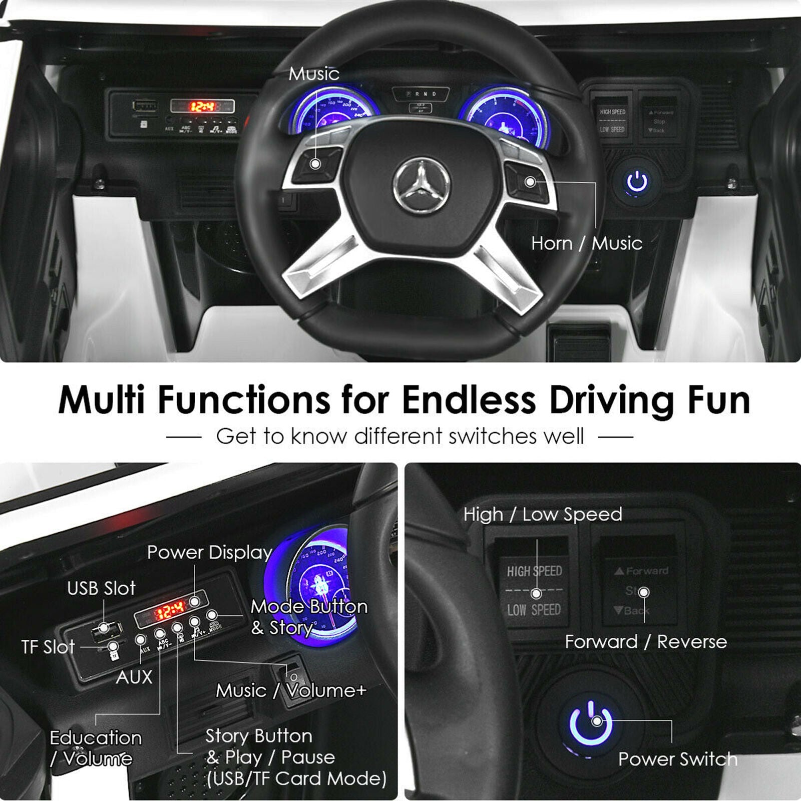 Mercedes-Benz Kids Ride On Car with RC Control and Trunk - 12V White