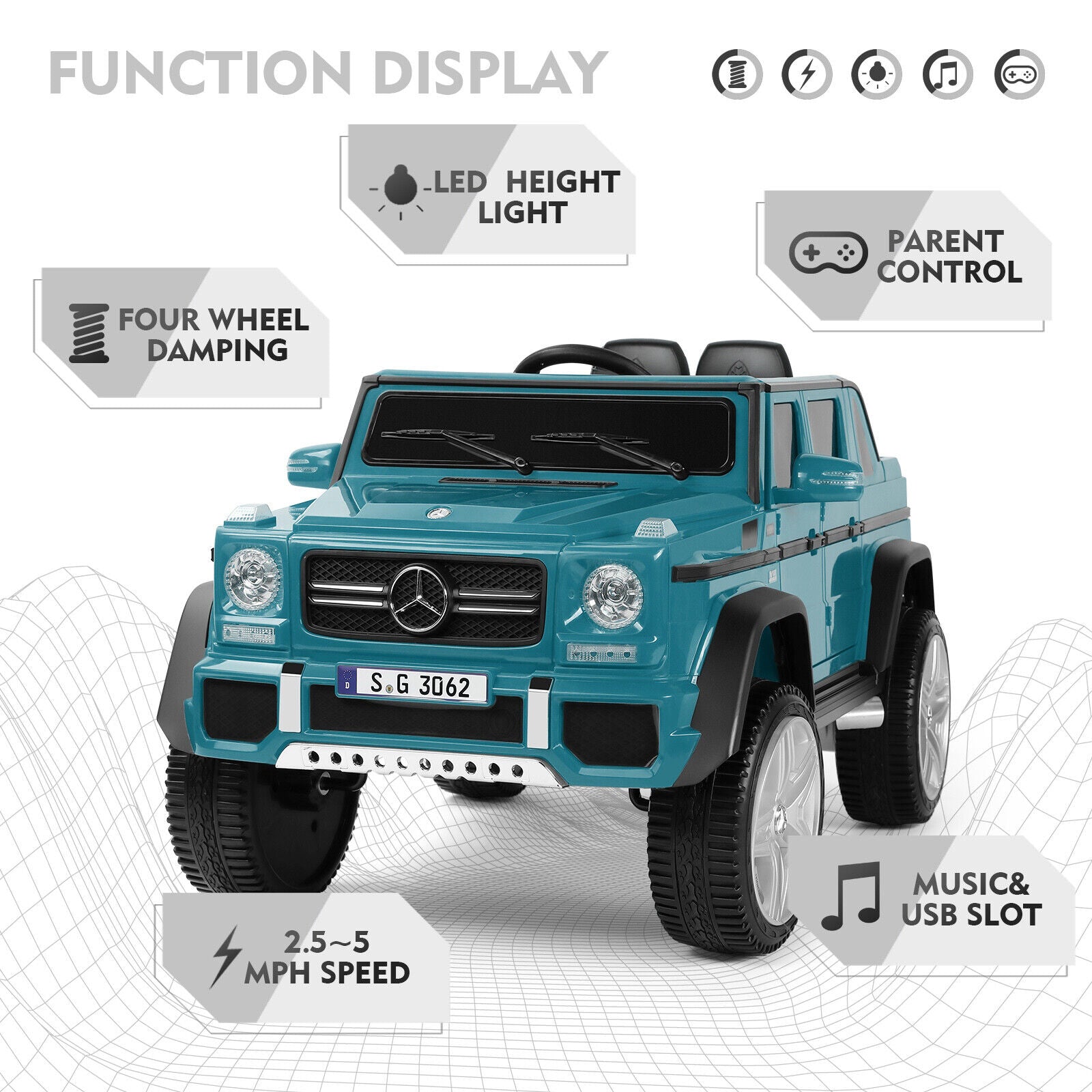 Mercedes-Benz Toy Truck Ride-On Car for Kids with LED Lights, Music, and Remote Control - 12V Blue Battery Powered