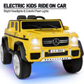Mercedes-Benz Truck 12V Battery Ride On Car for Kids with 3 Speeds, LED Lights, Music, and Remote Control - Yellow