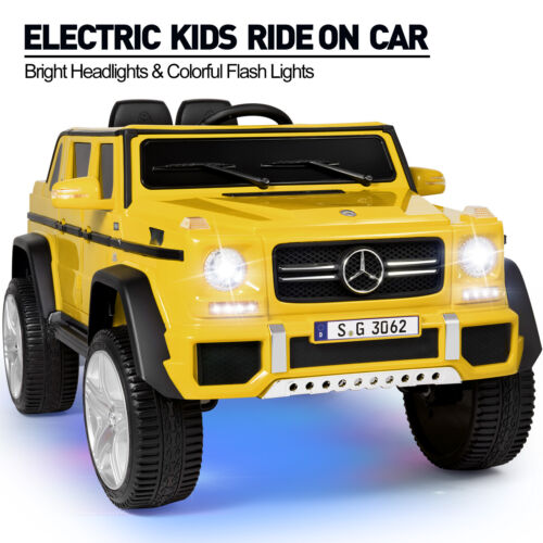Mercedes-Benz Truck 12V Battery Ride On Car for Kids with 3 Speeds, LED Lights, Music, and Remote Control - Yellow