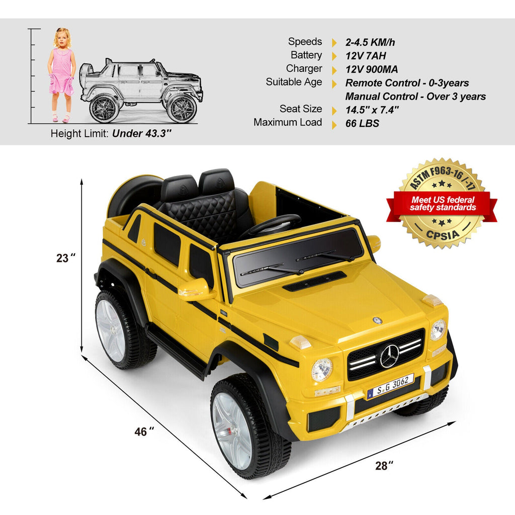 Mercedes-Benz Truck 12V Battery Ride On Car for Kids with 3 Speeds, LED Lights, Music, and Remote Control - Yellow