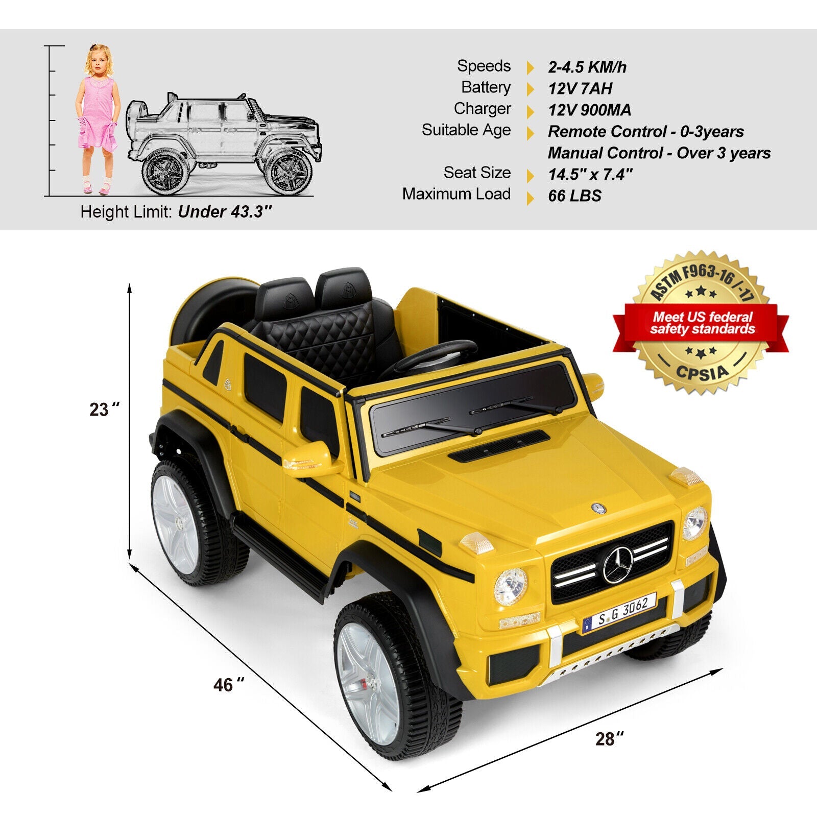 Mercedes-Benz Truck 12V Battery Ride On Car for Kids with 3 Speeds, LED Lights, Music, and Remote Control - Yellow