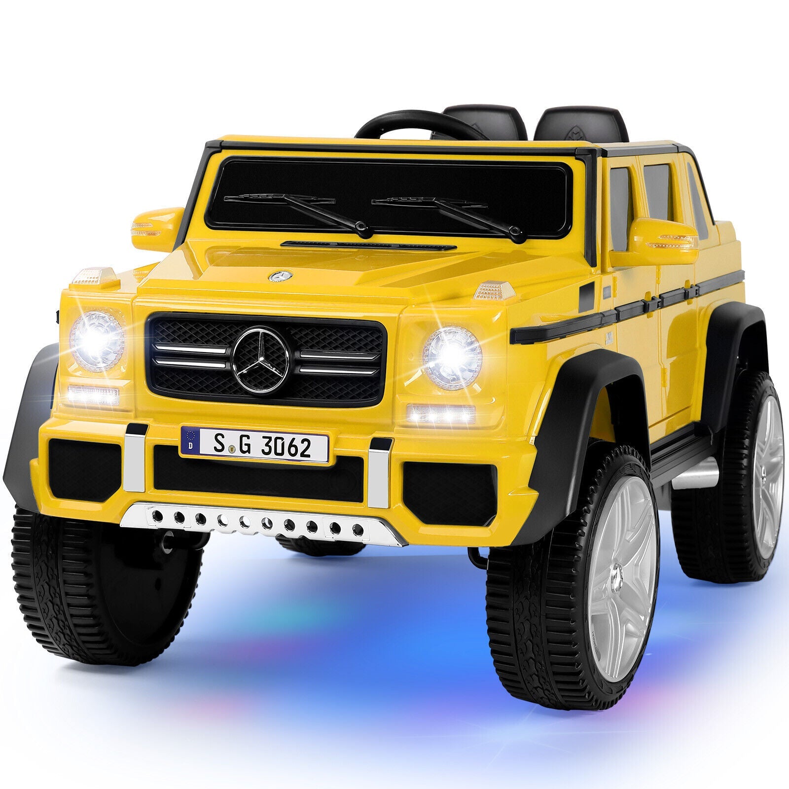 Mercedes-Benz Truck 12V Battery Ride On Car for Kids with 3 Speeds, LED Lights, Music, and Remote Control - Yellow