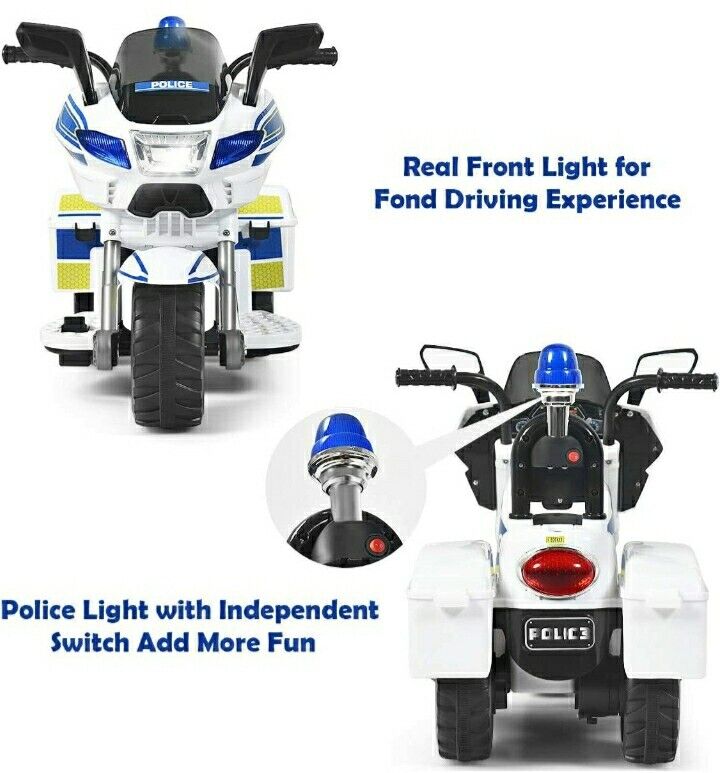 Motocicleta Eléctrica de 3 Ruedas para Niños y Niñas con Diseño de Policía para Montar en Bicicleta