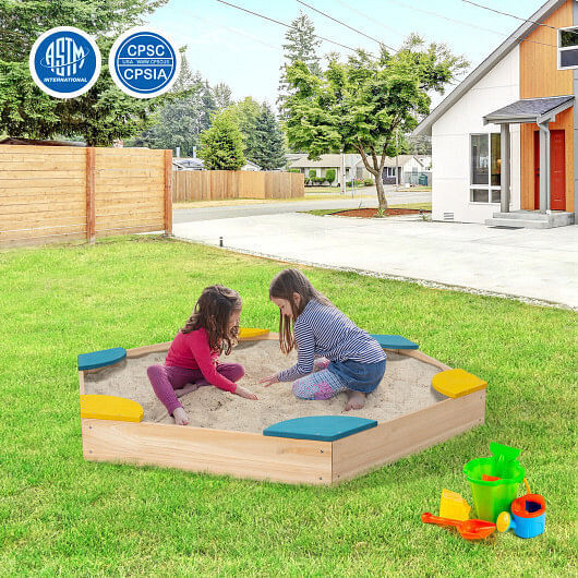 Multicolor Solid Wood Sandbox with 6 Fan-shaped Seats for Outdoor Fun