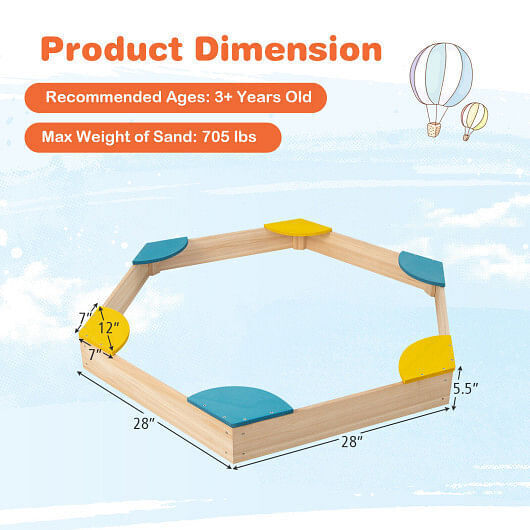 Multicolor Solid Wood Sandbox with 6 Fan-shaped Seats for Outdoor Fun