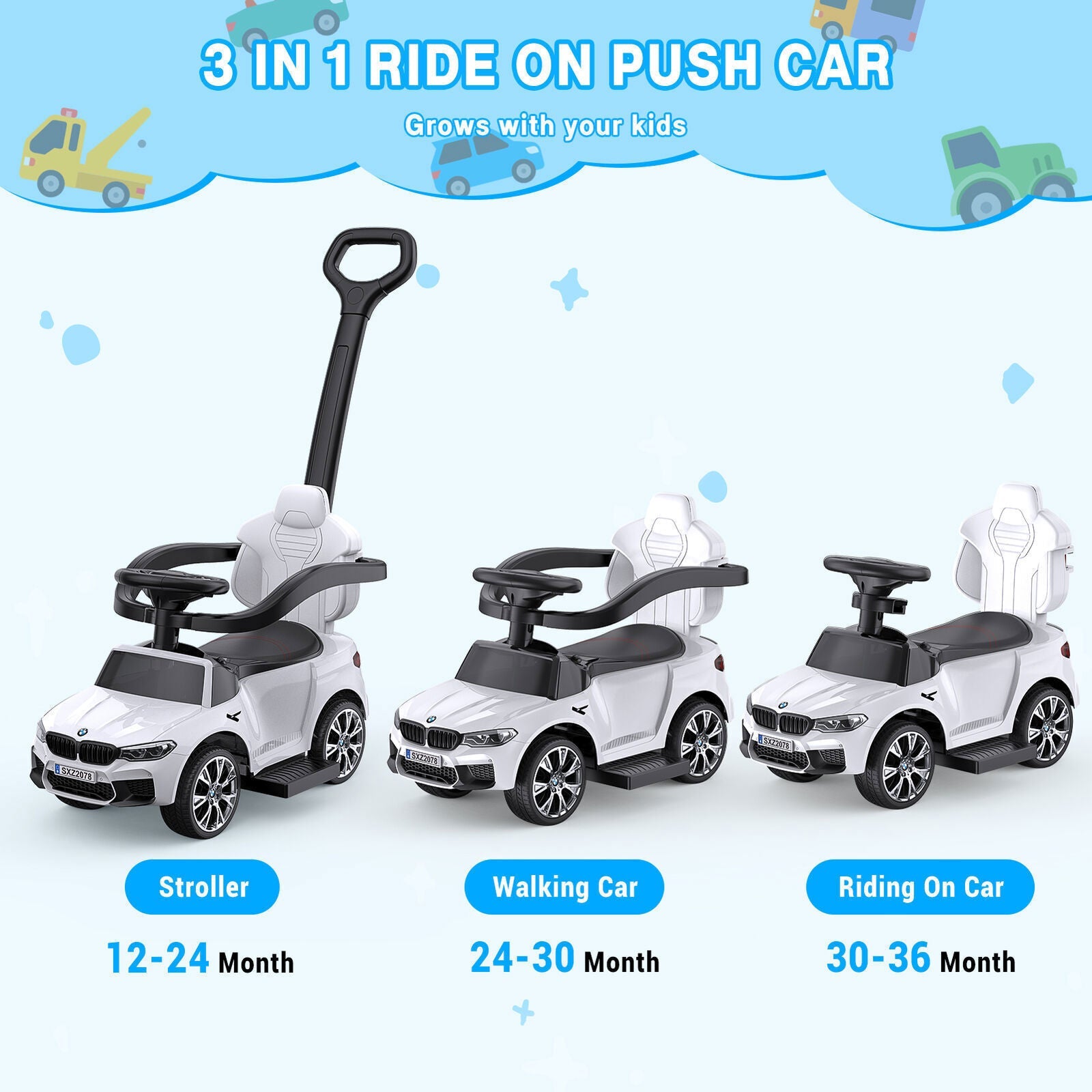 Music-Infused Ride-On Car with Safety Bar for Toddlers and Kids