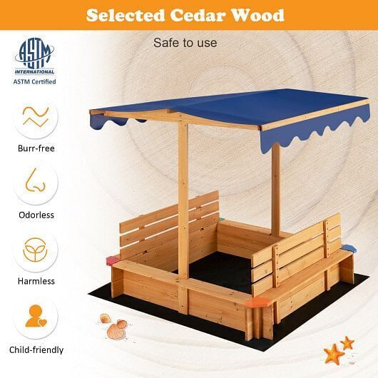 Natural Wooden Sandbox with Canopy and 2 Bench Seats for Kids
