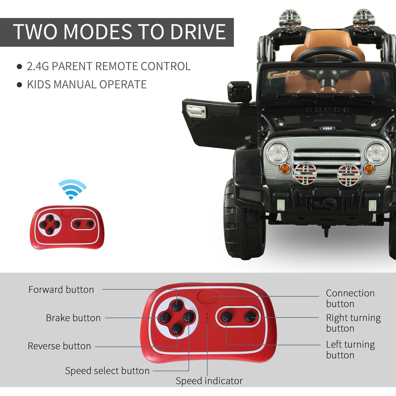 Off-Road Adventure 12V Battery-Powered Jeep Truck for Kids with Remote Control, MP3 Player, and Lights