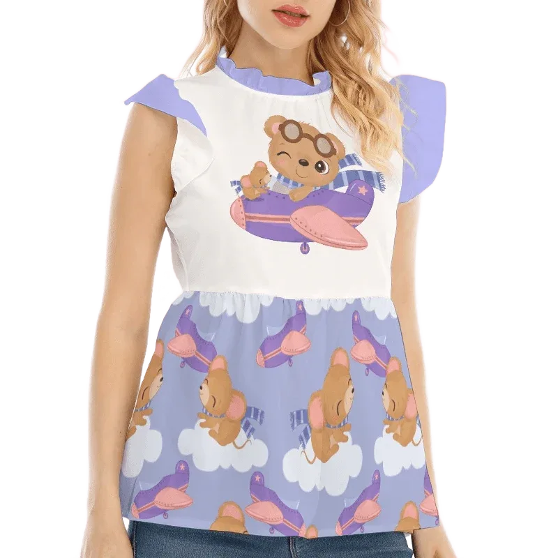 Adorable Plane Bear Ruffle Blouse