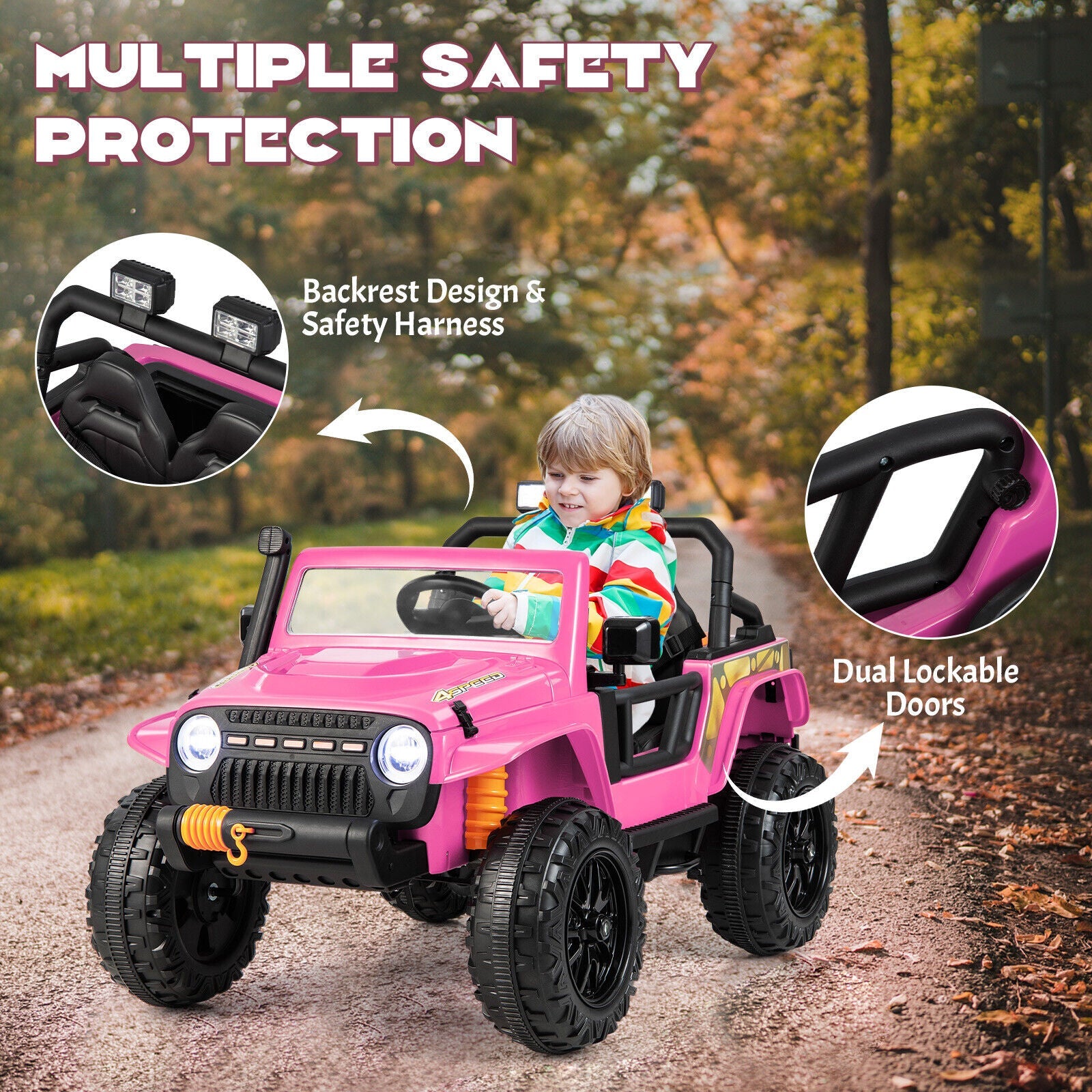Parent-Child Ride On Truck Car with Remote Control, LED Lights, and Music - Pink (12V 10AH)