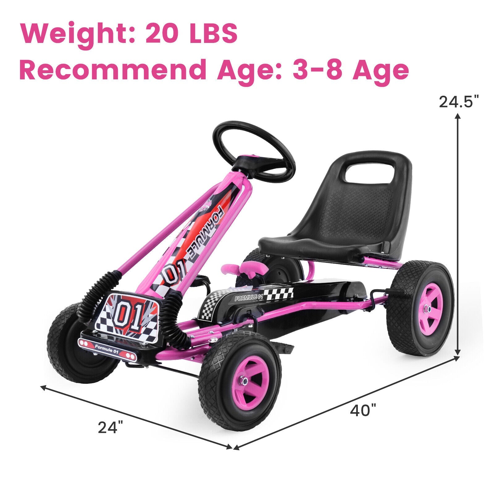 Pedal-Powered Pink Go Kart for Kids with Adjustable Seat - 4 Wheels Ride-On Toy