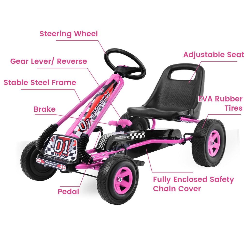 Pedal-Powered Pink Go Kart for Kids with Adjustable Seat - 4 Wheels Ride-On Toy