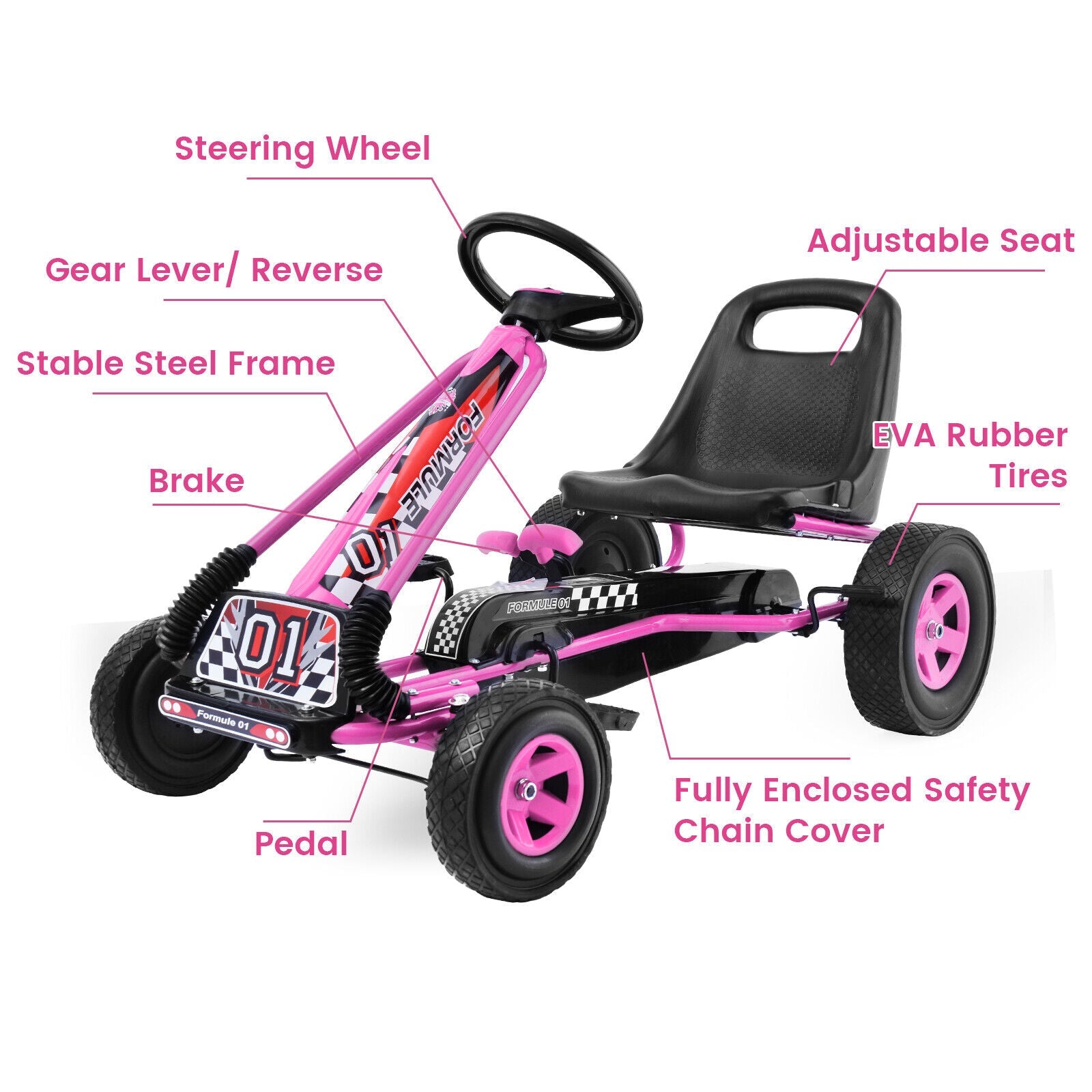 Pedal-Powered Pink Go Kart for Kids with Adjustable Seat - 4 Wheels Ride-On Toy