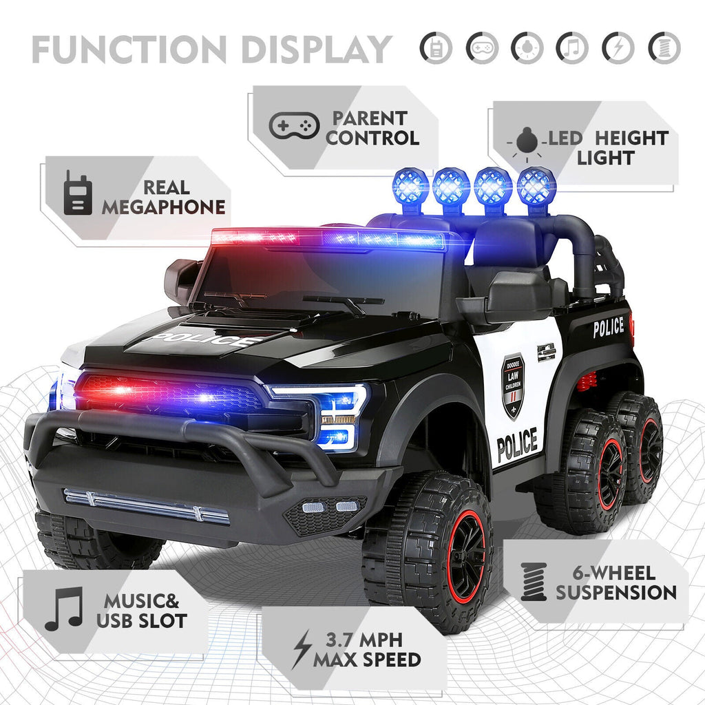 Interactive 12V Police Car Ride-On with RC, LED Lights, and Intercom - 6 Wheel Truck for Kids