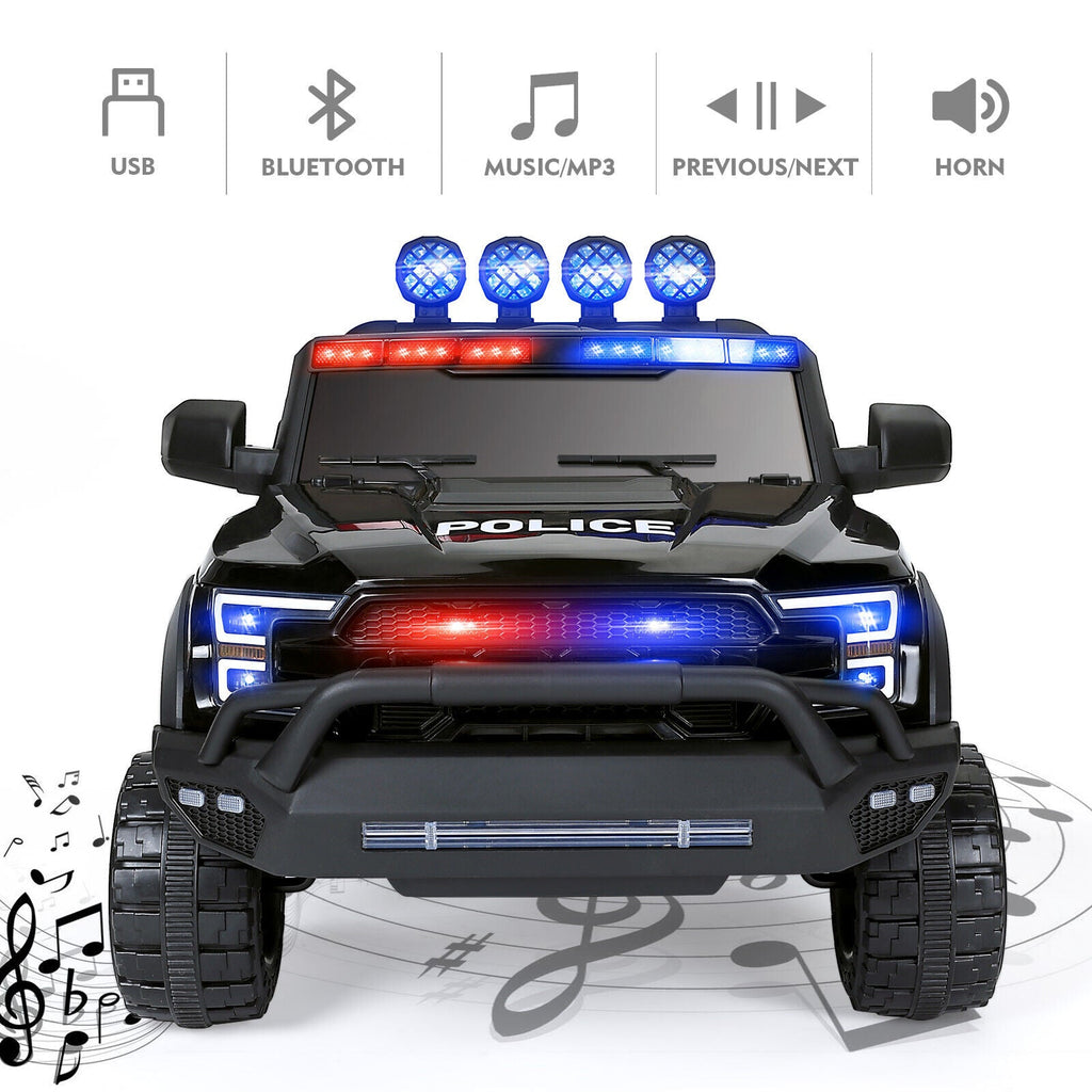 Interactive 12V Police Car Ride-On with RC, LED Lights, and Intercom - 6 Wheel Truck for Kids