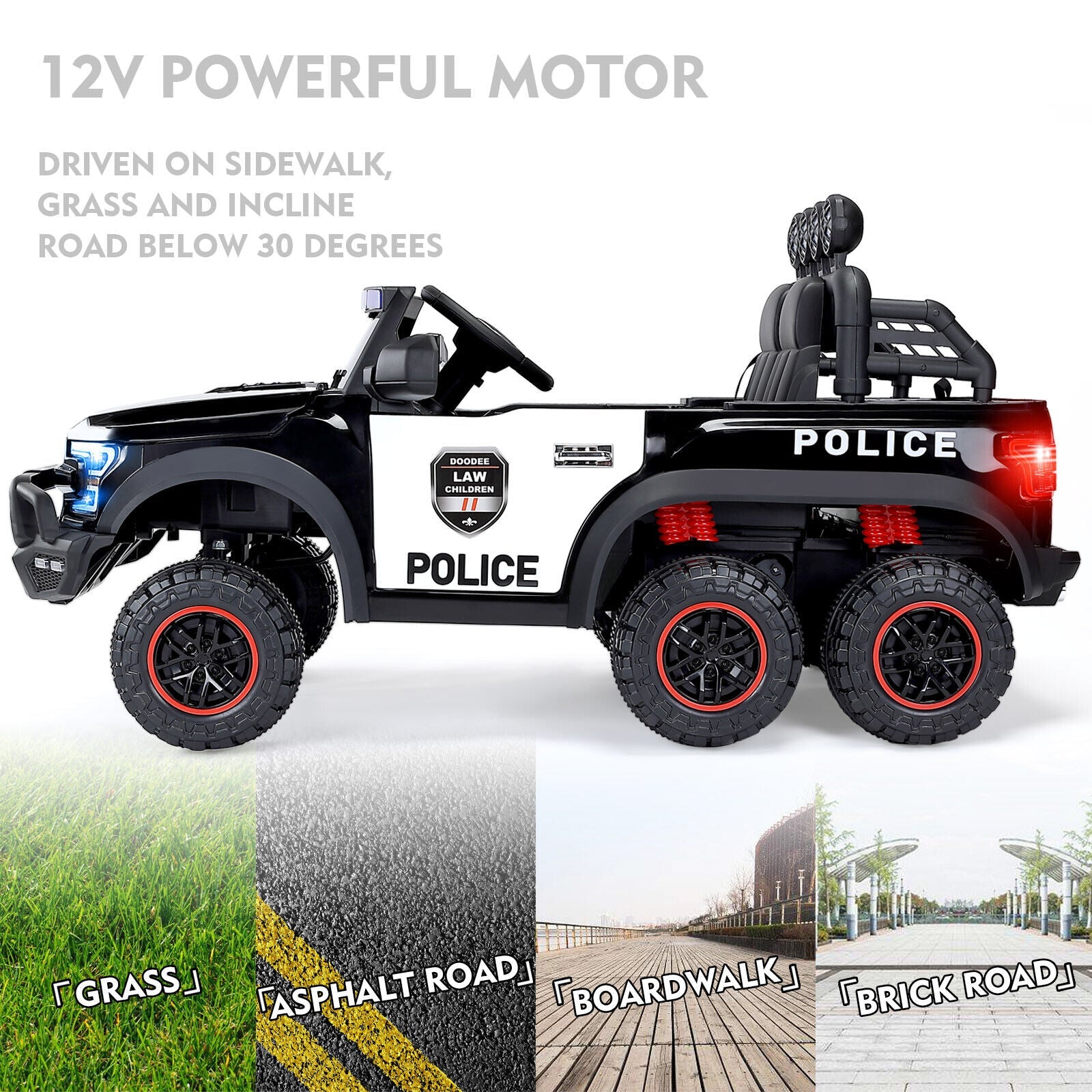 6-Wheel Electric Police Car for Kids with RC, LED Lights, and Intercom
