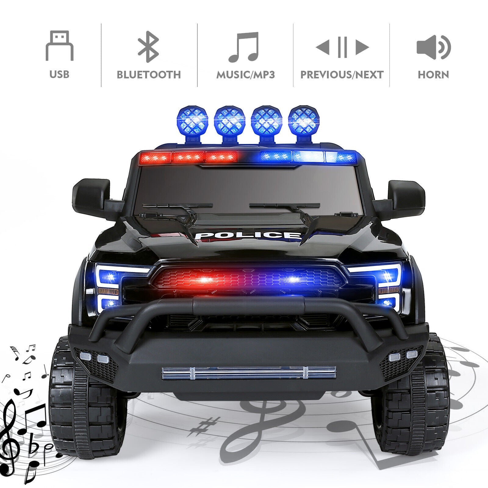 12V Electric Police Pickup Truck for Kids with Megaphone, Siren, and Flashing Lights - Remote Control Included