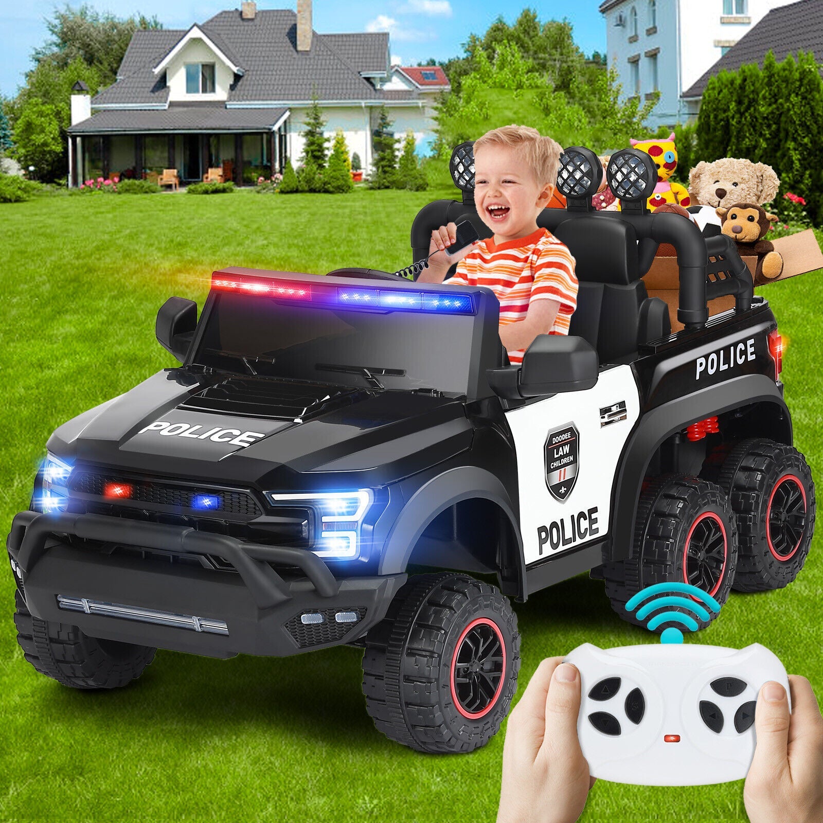 Police Car Truck for Kids with 12V Battery, 6 Wheels, LED Lights, Intercom, Siren, and Remote Control