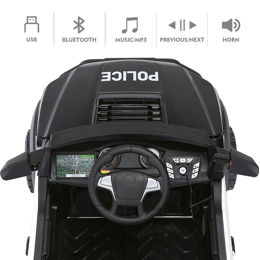 Police Car Truck for Kids with 12V Battery, 6 Wheels, LED Lights, Intercom, Siren, and Remote Control