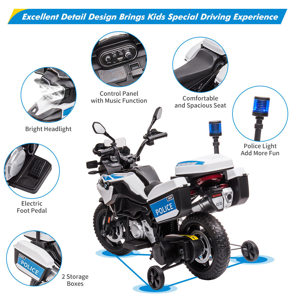 Police Motorcycle 4-Wheel Ride-On for Kids with Headlight and Warning Lights - 12V
