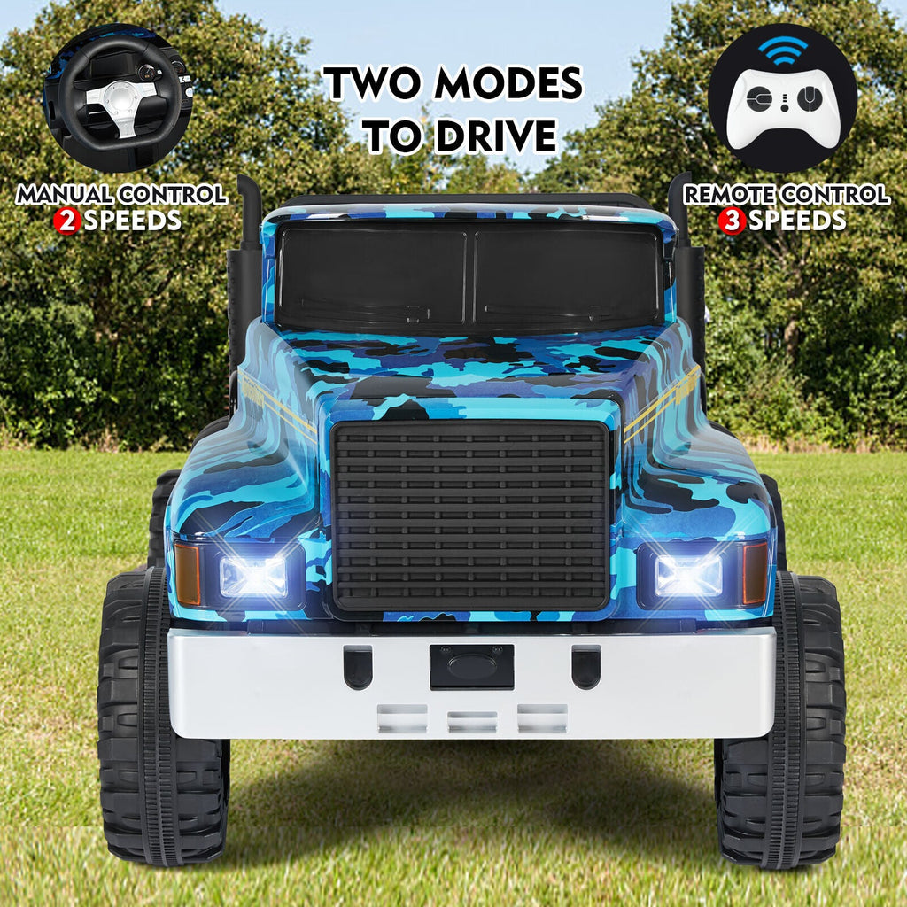 Powerful 24V 2-Seater Kids Ride On Dump Truck Tractor with Camo Design and 3 Speed Options, Includes Remote Control