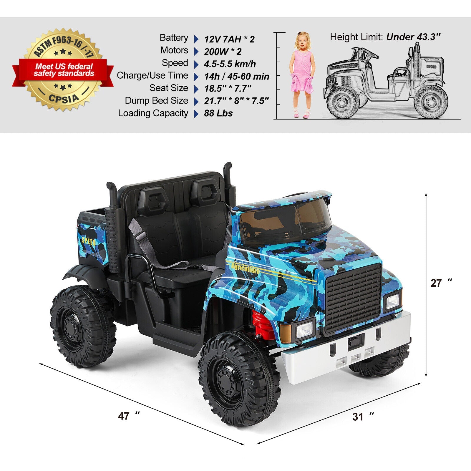 2-Seater 24V Battery Powered Kids Ride-On Truck with Camo Design and 3-Speed RC Control